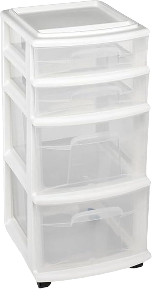 HOMZ Drawer Tower, 4-Tier Clear Plastic Storage Organizer Cart, White Frame - Rolling Drawers with Wheels for Desk, Dresser, Cabinet, Bedroom, Bathroom, Classroom, and Office Organization by Homz