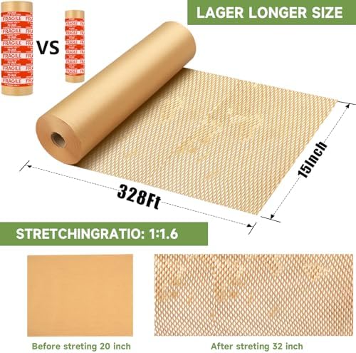 Honeycomb Packing Paper Wrap 15''x328', Substitute Alternative for Bubble Cushioning Wrap for Moving Shipping Packaging, Recyclable Moving Supplies with 48 Fragile Sticker Labels - Image 4