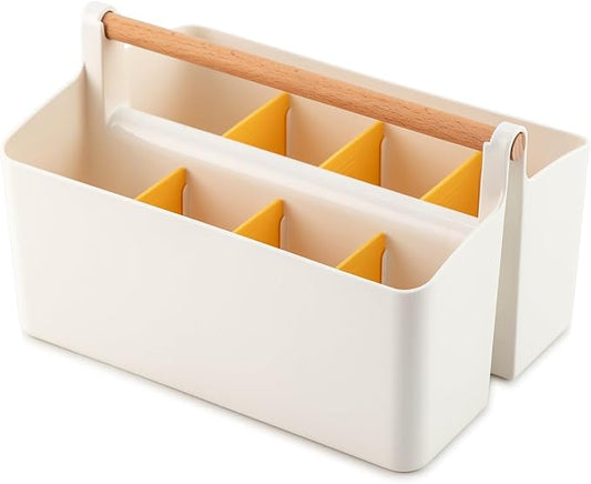 EZOWare Plastic Stackable Caddy Tote Set, Large Storage Organizer Bins w/Removable Compartment Divider & Handle for Makeup, Bathroom, Office Supplies, School, Crafts, Nursery - White and Orange by EZOWare