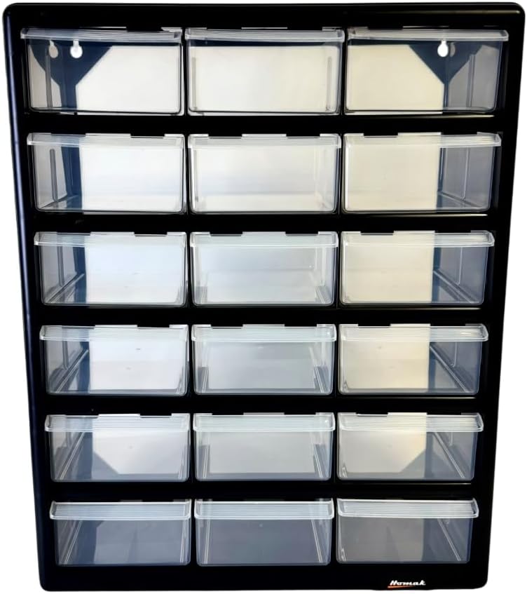 Homak 18-Drawer Parts Organizer, Black, Wall Mountable, Clear Plastic Drawers, HA01018001 - Image 2