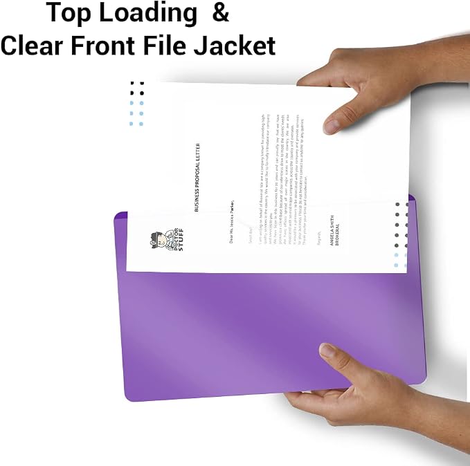 Doctor Stuff- 50 Pack, Vinyl Plastic Pocket File Folders Closed Sides, Legal Size, Clear Front Top Loading Job Jacket, Documents Holder for Office, High School and Medical Files, Purple - Image 5