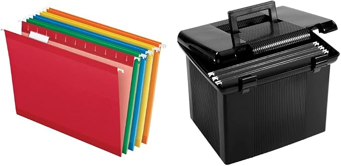 Pendaflex Reinforced Hanging Folders, Letter Size, Assorted Colors (Green, Blue, Red, Yellow, Orange) 1/5 Cut & Portable File Box with File Rails, Hinged Lid with Double Latch Closure by Pendaflex