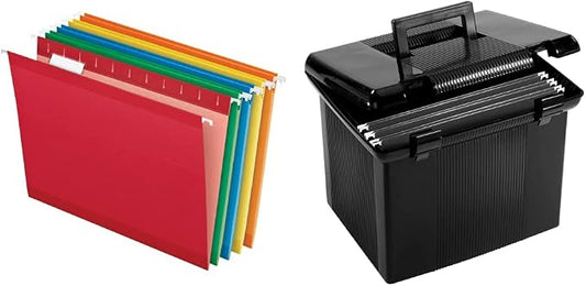 Pendaflex Reinforced Hanging Folders, Letter Size, Assorted Colors (Green, Blue, Red, Yellow, Orange) 1/5 Cut & Portable File Box with File Rails, Hinged Lid with Double Latch Closure by Pendaflex