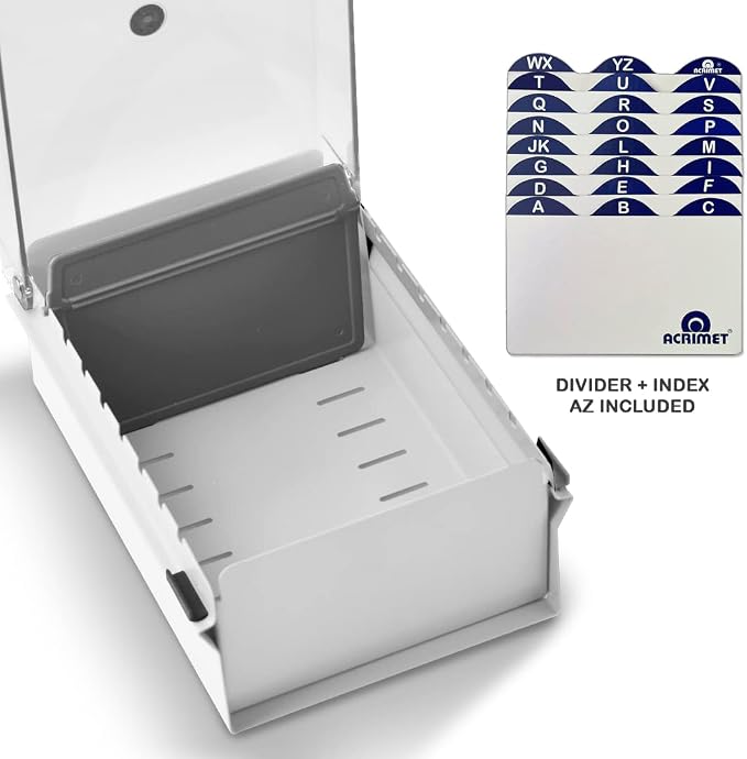 Acrimet 3 x 5 Card File Holder Organizer Box Metal Base Heavy Duty (AZ Index Cards and Divider Included) (White Color with Clear Crystal Plastic Lid Cover) | With A-Z Index & Non-Slip - Image 4