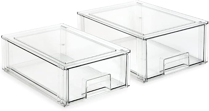 Isaac Jacobs Stackable Organizer Drawer Set (1 Medium, 1 Large), Clear Plastic Storage Boxes, Pull-Out Bins, Home, Office, Closet, Shoes, BPA-Free, Food/Fridge/Freezer Safe (1 Medium, 1 Large) by IsaacJacobs