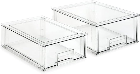 Isaac Jacobs Stackable Organizer Drawer Set (1 Medium, 1 Large), Clear Plastic Storage Boxes, Pull-Out Bins, Home, Office, Closet, Shoes, BPA-Free, Food/Fridge/Freezer Safe (1 Medium, 1 Large) by IsaacJacobs