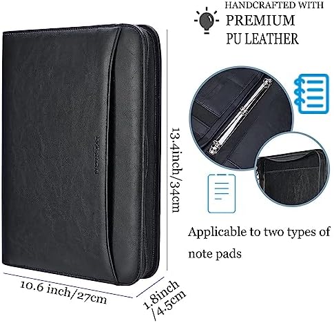 Zippered Padfolio Binder, Faux Leather Organizer with 3-Ring Binder, Left-Handed Design, Business Card Slots & Document Folders - Professional Padfolio for Office (Black) - Image 2