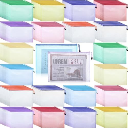 200 Pcs A4 Mesh Zipper Pouch Bulk Waterproof Mesh Zipper Organizer Plastic File Folder Case for School Office Supplies Document Board Games Puzzle(Colorful) by Zhehao
