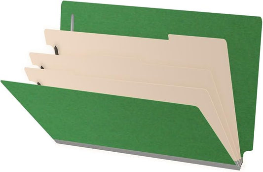 Ecom Folders End Tab Pressboard Classification Folders | Legal Size 25 Pt Type III Stock with 3 Dividers & 3" Tyvek Expansion | 2 Fasteners Pos 1 & 3 for Medical & Office Docs | Moss Green, Box of 10 by Ecom+Folders