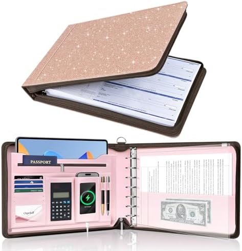 Ospelelf Rose Gold Zippered 7 Ring Check Binder for Business Checks (9" x 13"), 1 Inch Faux Leather Checkbook Portfolio with Zipper Pouch, Professional Binder Organizer for Accountants, Home Use by OspelelfOfficeSupplies