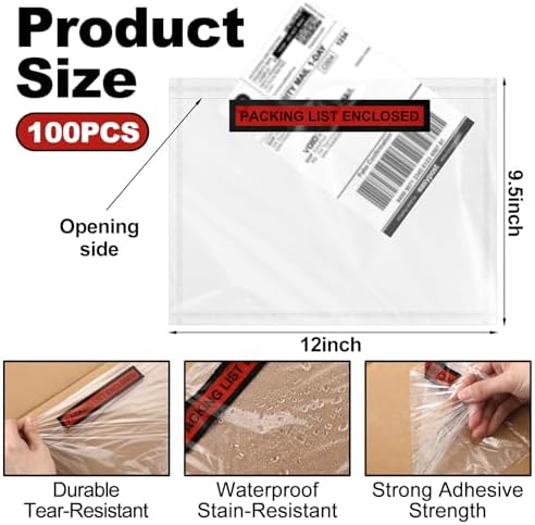 Teling 100 Pcs Packing List Envelopes Clear Adhesive,Red,9.5'' X 12'' - Image 2
