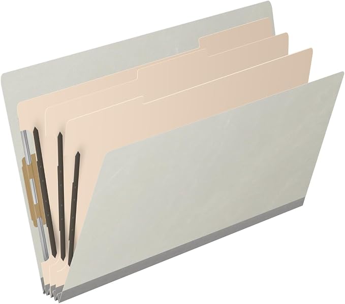 Ecom Folders End Tab Pressboard Classification Folders | Legal Size 25 Pt Type III Stock with 3 Dividers & 3" Tyvek Expansion | 2 Fasteners Pos 1 & 3 for Medical & Office Docs | Light Gray, Box of 10 - Image 2