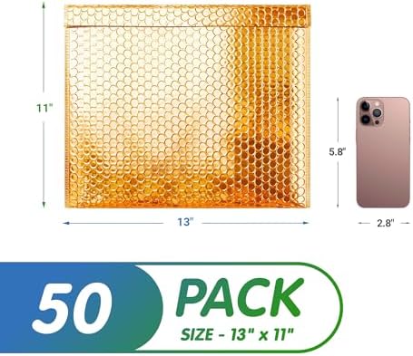 Gold Metallic Bubble Mailers, 13 x 11 Inches. Pack of 50 Padded Envelopes Waterproof. Opaque Metallic Bubble Envelope Mailer Self-Seal. Waterproof Padded Shipping Envelopes for Gifts - Image 2