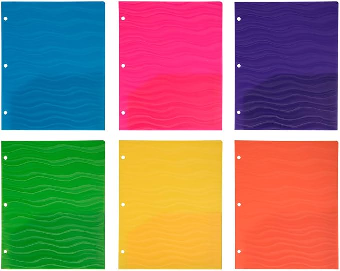 JAM PAPER Heavy Duty Plastic 3 Hole Punch Pocket Folders - Extra Tough School Folders - Assorted Wave Colors - 6/Pack - Image 4