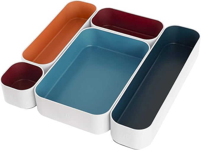 Three by Three Seattle Metal Drawer Organizer Tray Set, 5-Pc, 2" (Blue) | Deep 2" food-safe metal bins; soft non-scratch base; perfect for kitchen utensils, tools & bulkier drawer items by ThreebyThreeSeattle