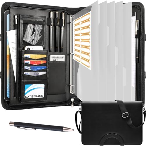 Padfolio, Portfolio Binder 3-Ring, Vegan Leather Portfolio for Students with Notepad Includes 5 Sheet Protectors for Documents Files, 1 Pen and 1 Detachable Shoulder Strap by NATISERAUM
