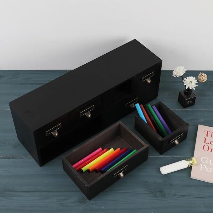 Apothecary Cabinet with Drawers, Apothecary Drawers, Black 6 Wood Drawer | Vintage Wooden Storage Box Wood Desktop Organizer with Drawer, Library Card Catalog Cabinet - Image 4
