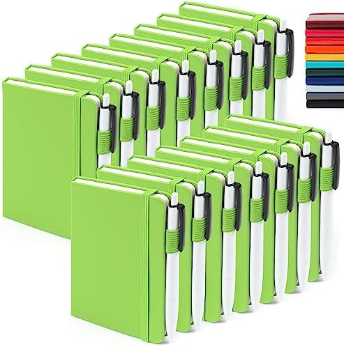 feela 15 Pack Pocket Small Notebooks Bulk, Mini Cute Memo Notepads Hardcover College Ruled Lined Journals with Pen Holder for Women Girls Office School, with 15 Black Pens, 3.5”x 5.5”, A6, Green by feela
