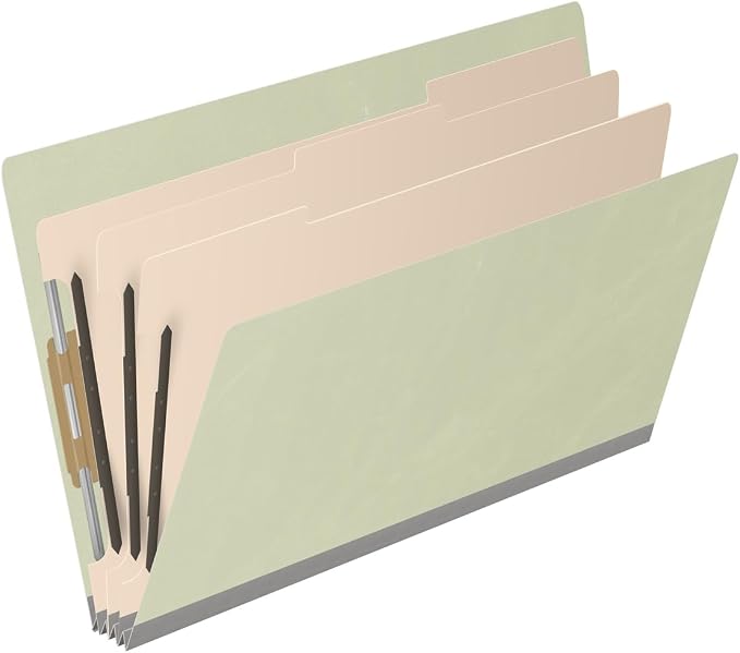 Ecom Folders End Tab Pressboard Classification Folders | Legal Size 25 Pt Type III Stock with 3 Dividers & 3" Tyvek Expansion | 2 Fasteners Pos 1 & 3 for Medical & Office Docs | Light Green, Box of 10 - Image 2