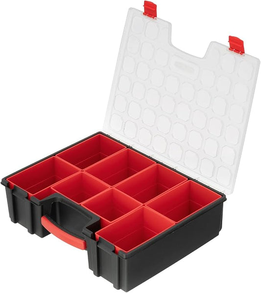 INTERTOOL Hardware Organizer with 8 Deep Removable Bins - Small Parts Storage Tool Box for Nuts, Bolts, Screws, Nails - 16.5" x 13" x 4.5" - Portable Handle Transparent Lid with Locks BX08-4034 by INTERTOOL