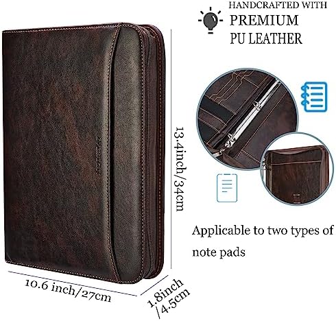 Zippered Padfolio Binder, Faux Leather Organizer with 3-Ring Binder, Left-Handed Design, Business Card Slots & Document Folders - Professional Padfolio for Office (Dark Brown) - Image 2
