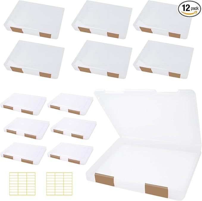 12 Pcs Clear A4 A5 File Box Document Plastic Storage Box with 48 Labels File Holder Organizer Paper Plastic Case Magazine Protector with Buckle Office School Supplies(Brown) by OLUTACOT