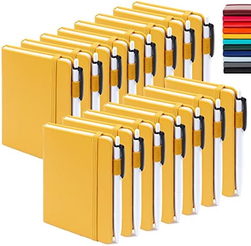 feela 15 Pack Pocket Small Notebooks Bulk, Mini Cute Notepads Hardcover College Ruled Lined Journals with Pen Holder for School Business Memos, with 15 Black Pens, 3.5”x 5.5”, A6, Yellow by feela