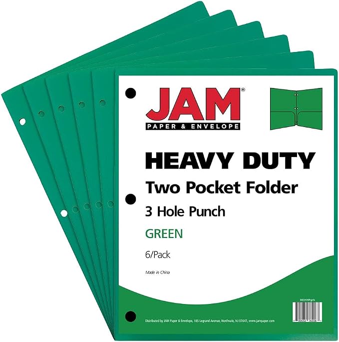 JAM PAPER Heavy Duty Plastic 3 Hole Punch Pocket Folders - Extra Tough School Folders - Green - 6/Pack - Image 2