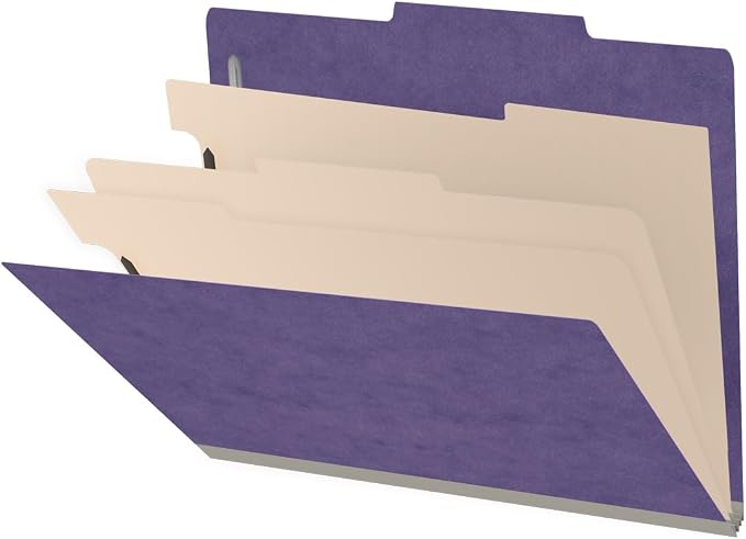 25 Pt. Pressboard Classification Folders, 2/5 Cut ROC Top Tab, Letter Size, 3 Dividers, Purple (Box of 10) by Ecom+Folders