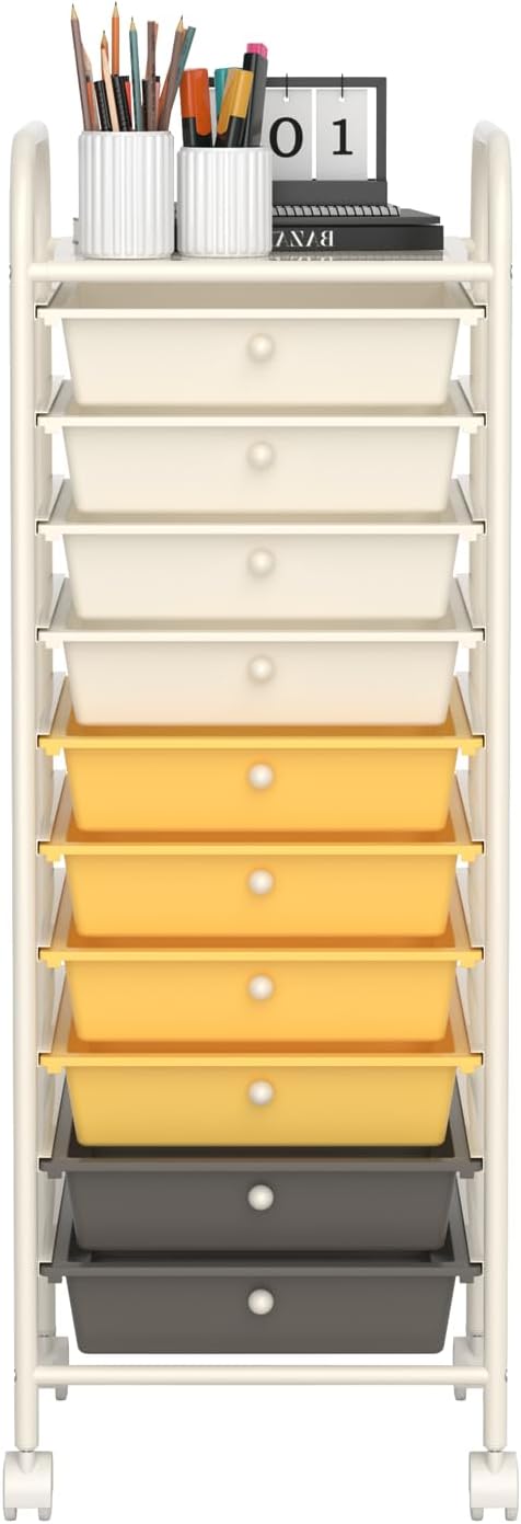 Storage Cart, Rolling Utility Cart with 10 Drawers, Portable Handles & Lockable Wheels, Mobile Paper Toys Storage Organizer Large Capacity for Home Office School Teacher (Yellow) by OFFICEJOY