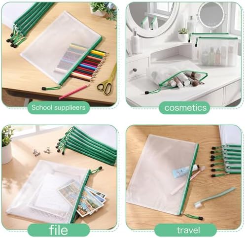 Zhehao 200 Pcs A4 Mesh Zipper Pouch Bulk Waterproof Mesh Zipper Organizer Plastic File Folder Case for School Office Supplies Document Board Games Puzzle(Green) - Image 5