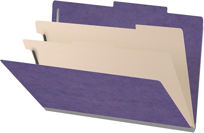 25 Pt. Pressboard Classification Folders, 2/5 Cut ROC Top Tab, Legal Size, 2 Dividers, Purple (Box of 10) by Ecom+Folders