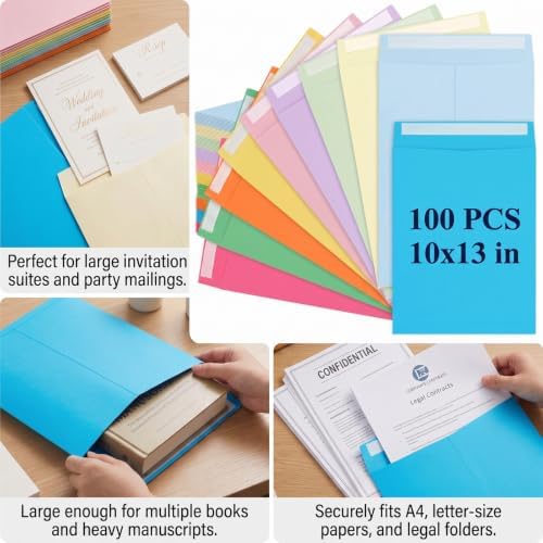 100 Pcs 10'' x 13'' Catalog Envelopes Self Adhesive 32lb Manila Envelopes Kraft Peel & Seal for Secure Mailing Storage Organizing for Office Business Home(10 Colors) - Image 3