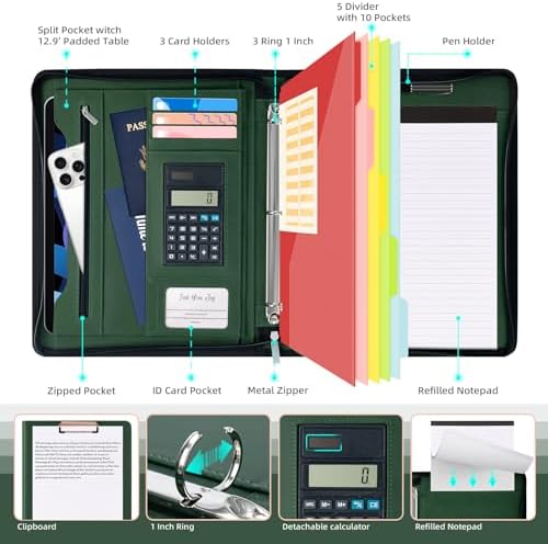 Ospelelf Green Clipboard with Storage 3 Binder Leather Portfolio Folder with Zipper, 12.1” Tablet Sleeve, 5 Dividers with Pocket, Refillable Notepad, Card Slot - Image 3