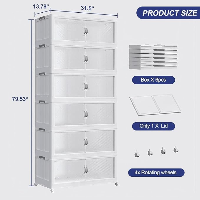 960QT Extra Large Stackable Storage Bins with Lid, 240Gal Plastic Closet Organizers and Storage Drawer, Collapsible Cabinet Box with Wheels Clear Doors for Home Kitchen Garage, 6Pack White - Image 2