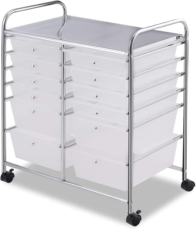 GOFLAME 12-Drawer Rolling Storage Cart, Multipurpose Organizer Cart with 2 Sizes Plastic Drawers, Mobile Utility Cart with Lockable Casters for School, Home Office, Beauty Salon, Clear by GOFLAME