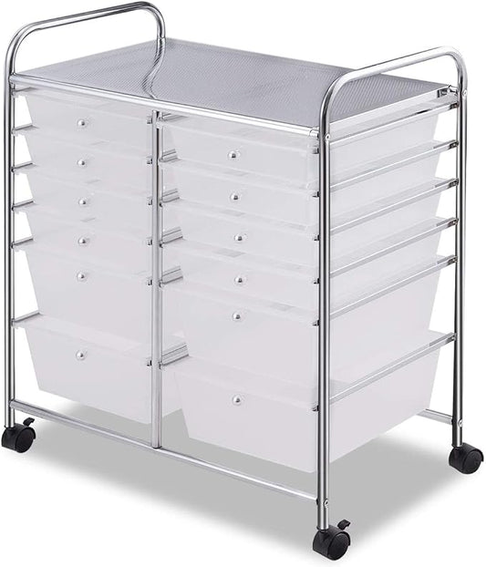 GOFLAME 12-Drawer Rolling Storage Cart, Multipurpose Organizer Cart with 2 Sizes Plastic Drawers, Mobile Utility Cart with Lockable Casters for School, Home Office, Beauty Salon, Clear by GOFLAME