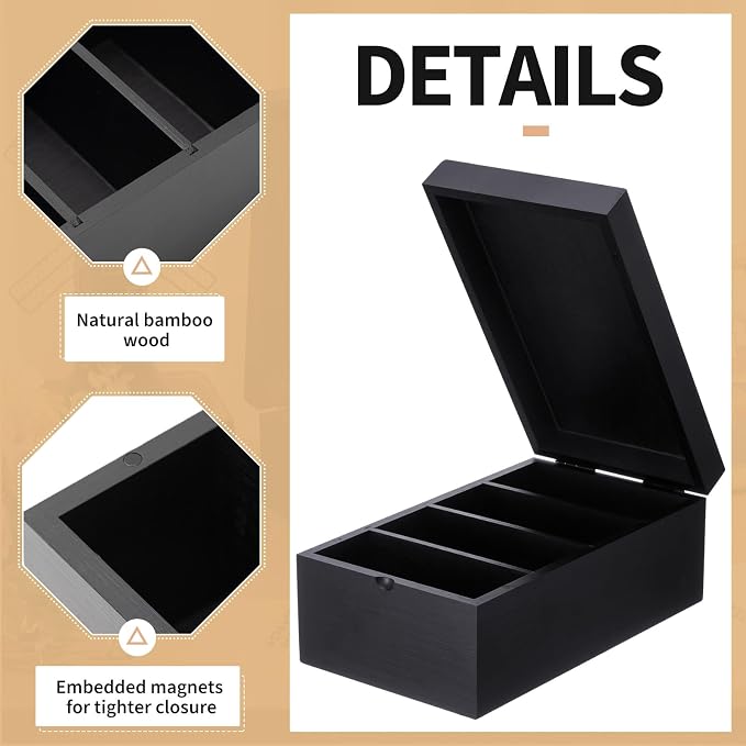 3 x 5 Inch Index Card Holder Set, Bamboo Organizer Box with 50 Dividers & 2 Sheets Alphabet Number Stickers File Note Holders, Holds 1200 Cards for Office Business Home Kitchen, Black - Image 3