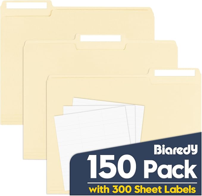 Manila File Folders, 150 Pack Bulk, Letter Size 8.5" x 11", 1/3 Cut Tabs in Assorted Positions, Includes Blank Labels, Sturdy Paper Stock for Office Business School Home Use,Manila by Unknown