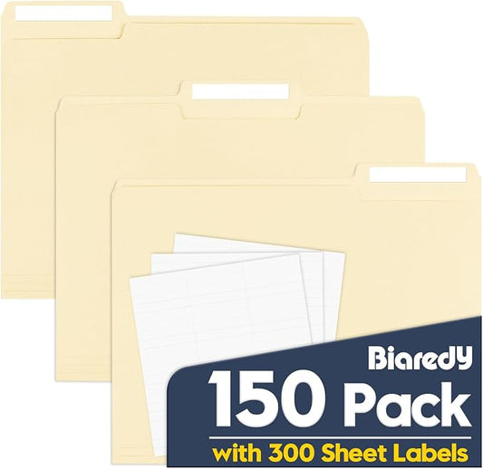 Manila File Folders, 150 Pack Bulk, Letter Size 8.5" x 11", 1/3 Cut Tabs in Assorted Positions, Includes Blank Labels, Sturdy Paper Stock for Office Business School Home Use,Manila by Unknown