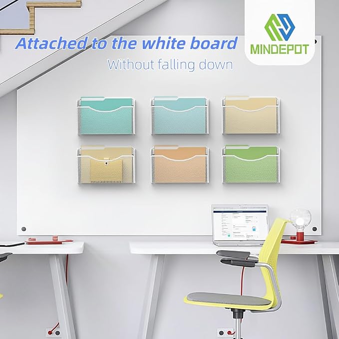 MINDEPOT Magnetic Wall File Organizer, Hanging File Holder, 3 Pack, White | Heavy Duty Iron, Powerful Magnet, Metal Mesh Wall Mount, Single Pocket, for Office School Classroom Home, Letter A4 Size - Image 2