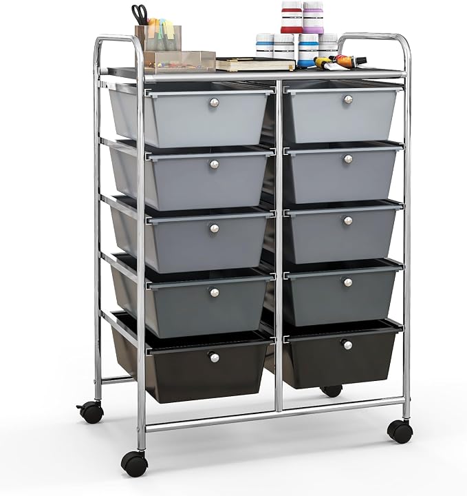 Giantex 10 Drawers Rolling Cart, Classroom Organizers, Storage Cart with Wheels, for Teacher Office Home School Supplies Tool Craft Art Paper, Black Gradient by Giantex