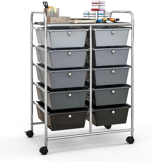 Giantex 10 Drawers Rolling Cart, Classroom Organizers, Storage Cart with Wheels, for Teacher Office Home School Supplies Tool Craft Art Paper, Black Gradient by Giantex