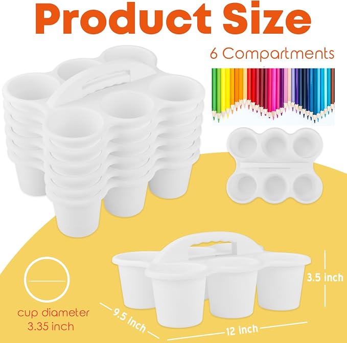 ALINK 6 Pack Classroom Caddy Storage Basket with Handle, Plastic Drink Cup Caddy Holder, 6 Compartments for Kids, Table, Office, Arts, Crafts, Crayon, Marker, Pencil, School Supplies - White - Image 2
