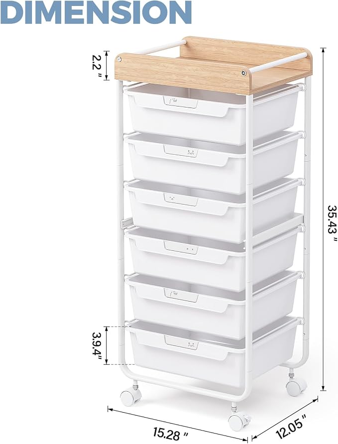 Rolling Craft Storage Cart with 6 Drawers, Art Cart,White | Utility Cart with Wooden Top, for Craft Room, Kids Art Station, Sewing Storage, Space-Saving for Home Office & Bedroom - Image 2