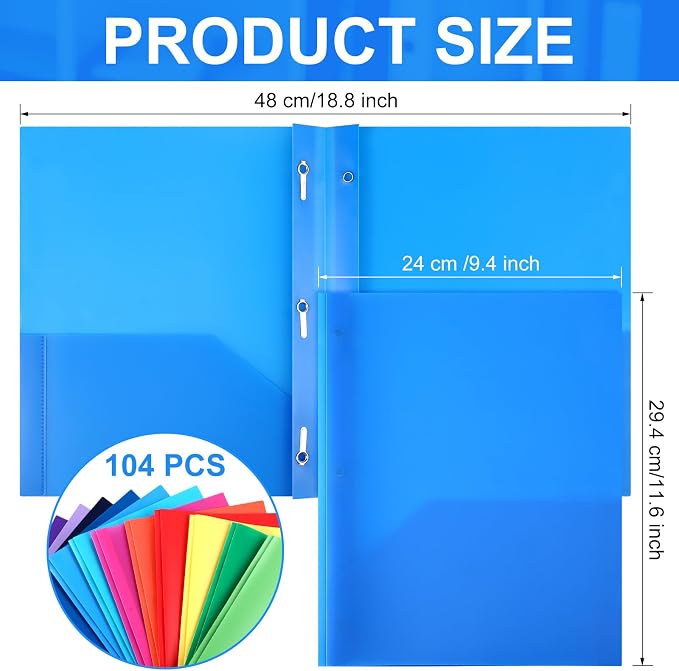 Cholemy 104 Packs Pocket Folders with Prongs Heavy Duty Plastic Folder with Business Card Slot 3 Prong Fasteners for School Office (Bright) - Image 2