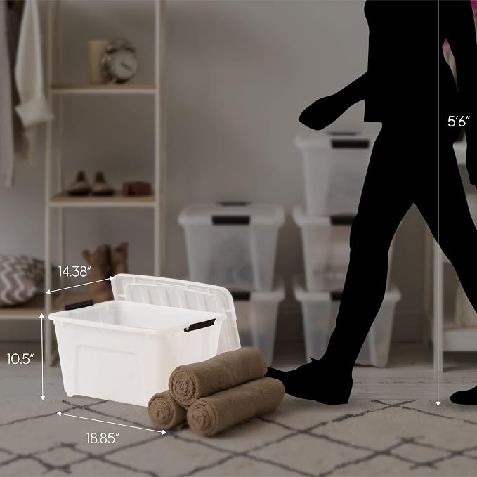 IRIS USA 6-Pack 32 Quart Storage Bins with Lids, Pearl | Conceals contents for a clean look. Great for linens, décor, closet storage, and supplies. Nestable design saves space - Image 10