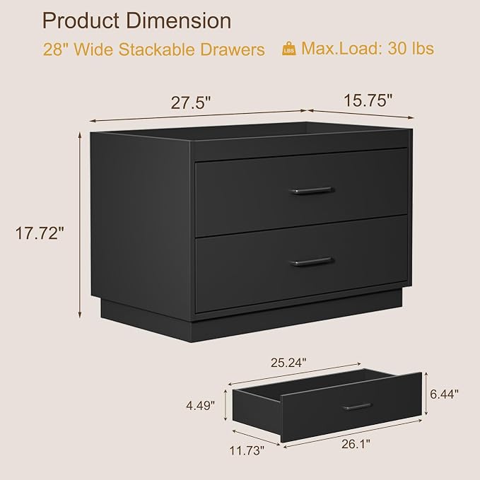 Stackable Storage with 2 Drawers, 28"W Storage Bins for Closet Organizers | Wood Stackable Closet Organizer Modern Large Stackable Storage Units for Living Room Hallway Bedroom, Black - Image 3