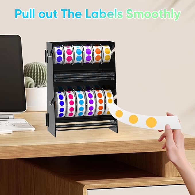 Adjustable Label Dispenser - 12 Disks Acrylic Sticker Roll Dispenser(Black) | Multi-Use Double-Layer Stable Sticker Roll Holder, Label Holder Sticker Holder Organizer, Desktop Label Stand for Home Office - Image 5