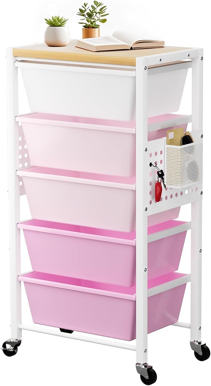 Rolling Cart with 5 Drawers, Plastic Drawer Storage Carts with Wheels & Wooden Tabletop, Metal Utility Cart with Pegboards, Office Living Room Classroom Craft Organization and Storage, Bright Pink by TimeForest